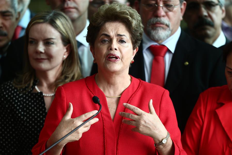 Dilma Rousseff delivers a statement at the Alvorada Palace in Brasilia Brazil on Aug. 31 2016. The Brazilian Senate voted on Wednesday to strip Dilma Rousseff of the presidency by 61 votes in favor to 20 votes against. This means Rousseff is immediatel