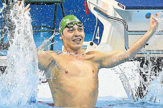 CELEBRATION TIME Former Grey High School pupil Kevin Paul celebrates winning gold in the 100m breaststroke SB9 swimming final at the Paralympic Games in Rio late last night