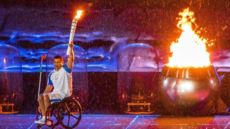 Brazilian Paralympic swimmer Clodoaldo Silva lights the cauldron during the opening ceremony of the Rio 2016 Paralympics Games