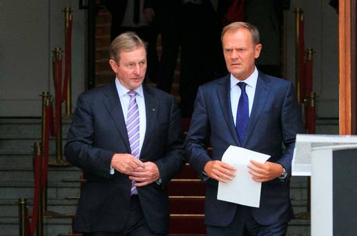 Taoiseach Enda Kenny TD & President of the European Council Donald Tusk speaking to media following a working lunch between the two at Government Buildings Dublin. Discussions focused on the future of Europe and preparations for the upcoming Informal Su