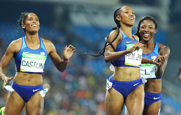 Brianna Rollins, Nia Ali and Kristi Castlin celebrate the US women sweep of the 100m hurdles at the Rio Olympic Stadium