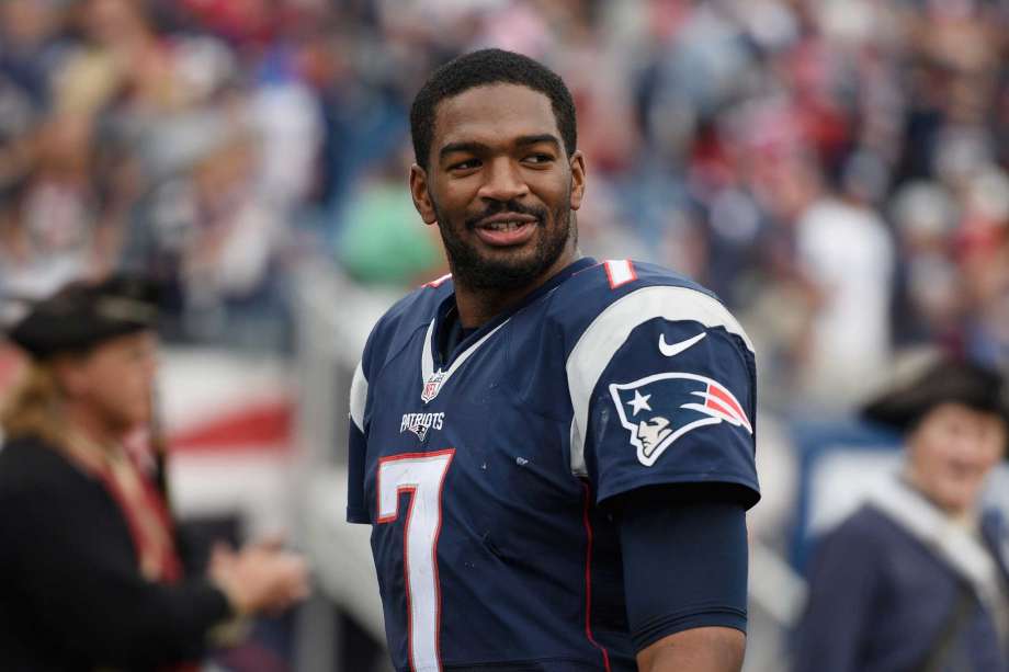 FOXBORO MA- SEPTEMBER 18 Jacoby Brissett #7 of the New England Patriots reacts after defeating the Miami Dolphins 31-24 at Gillette Stadium