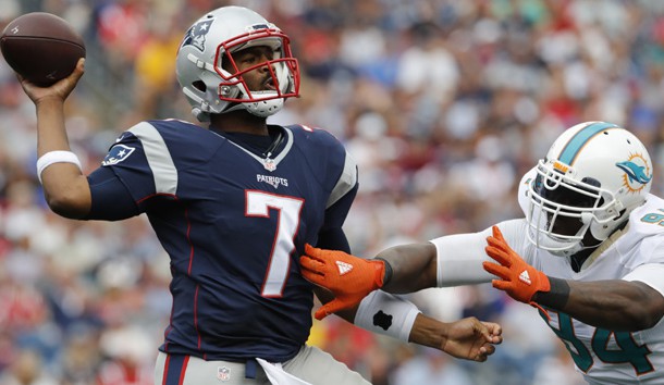 Sep 18 2016 Foxborough MA USA New England Patriots quarterback Jacoby Brissett throws a pass against Miami Dolphins defensive end Mario Williams in the second half at Gillette Stadium. The Patriots defeated the Miami Dolphins 31-24