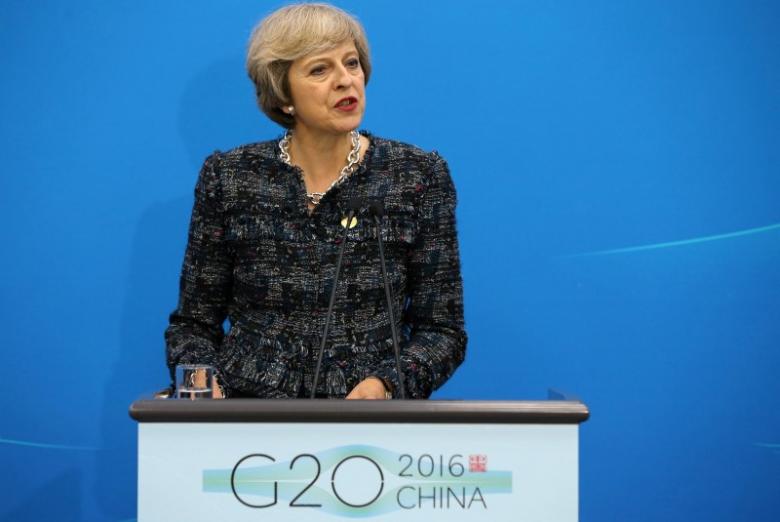 British Prime Minister Theresa May speaks at a news conference after the closing of G20 Summit in Hangzhou Zhejiang Province China