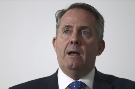 Former British Defence Secretary and Conservative leadership candidate Liam Fox speaks at a news conference in central London