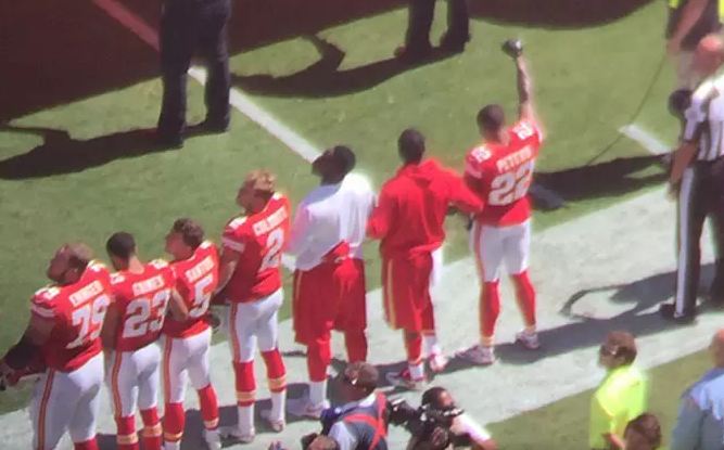 Kansas City Chiefs cornerback Marcus Peters has raised his fist during a performance of the US national anthem apparently in solidarity with other National Football League players trying to draw attention to racial inequality