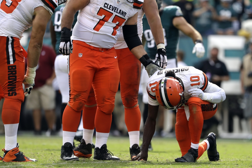 Cleveland Browns&#039 Robert Griffin III is slow to get up after a hit during the second half of an NFL football game against the Philadelphia Eagles Sunday Sept. 11 2016 in Philadelphia