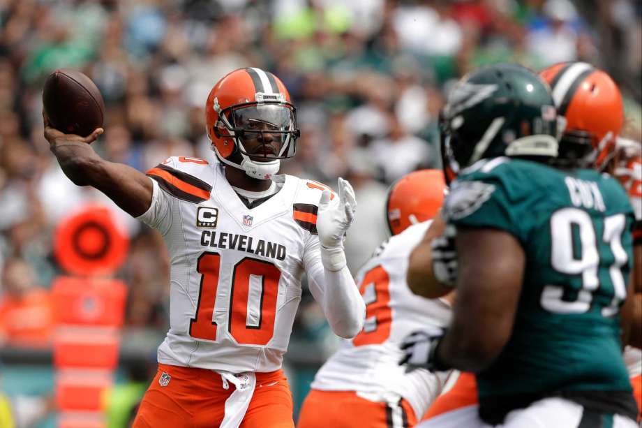 Cleveland Browns Robert Griffin III passes during the first half of an NFL football game against the Philadelphia Eagles Sunday Sept. 11 2016 in Philadelphia