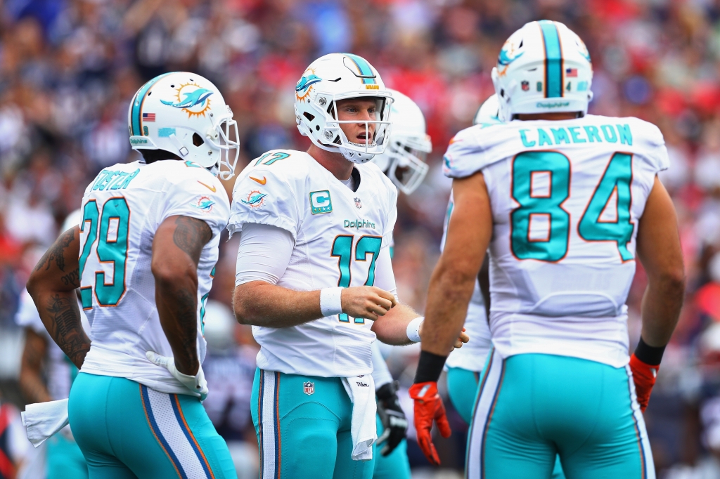 Ryan Tannehill #17 of the Miami Dolphins reacts during the first half against the New England Patriots at Gillette Stadium