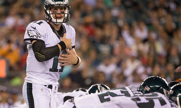 PHILADELPHIA PA- AUGUST 11 Carson Wentz #11 of the Philadelphia Eagles calls an audible at the line of scrimmage in the third quarter against the Tampa Bay Buccaneers at Lincoln Financial Field