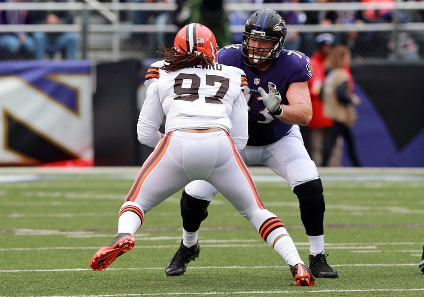 Dec 28 2014 Baltimore MD USA Baltimore Ravens guard Marshal Yanda blocks Cleveland Browns linebacker Jabaal Sheard at M&T Bank Stadium. Mandatory Credit Mitch Stringer-USA TODAY Sports