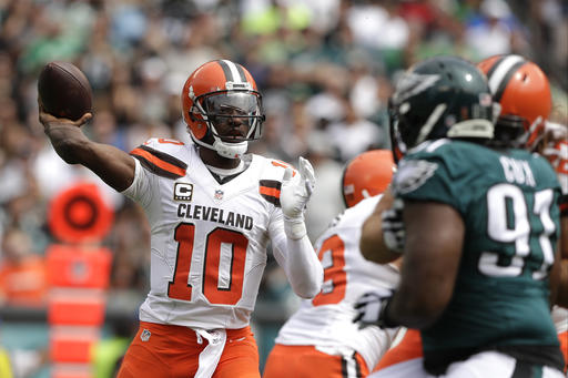 Cleveland Browns Robert Griffin III passes during the first half of an NFL football game against the Philadelphia Eagles Sunday Sept. 11 2016 in Philadelphia