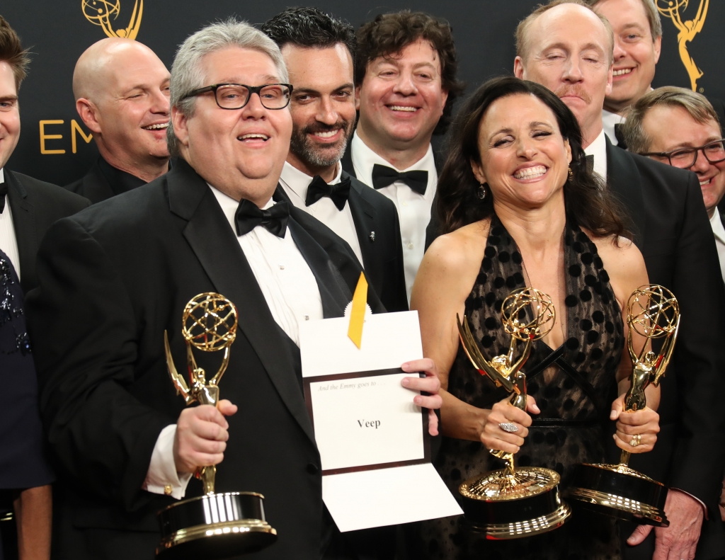 BEI  Shutterstock David Mandel Julia Louis Dreyfus and the cast and crew of Veep 68th Primetime Emmy Awards Press Room Los Angeles USA- 18 Sep 2016