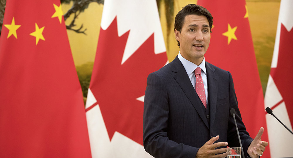 Canada's Prime Minister Justin Trudeau speaks during a joint press conference at the Great Hall of the People in Beijing Wednesday Aug. 31 2016