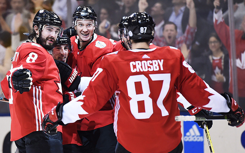 Team Canada's Brad Marchand centre left celebrates his goal against Team Russia with teammates Drew Doughty Jay Bouwmeester and Sidney Crosby during third period World Cup of Hockey semifinal action in Toronto on Saturday