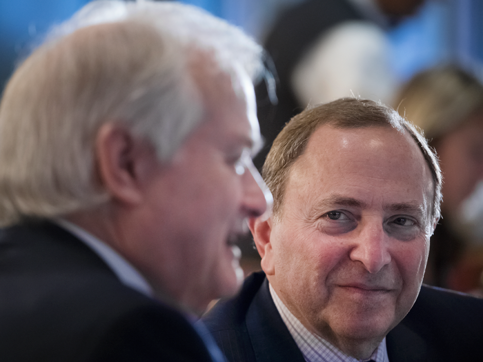 NHL commissioner Gary Bettman right and NHLPA executive director Donald Fehr speak at the Economic Club of Canada on Friday. Bettman indicated international competition will take place as long as labour peace exists