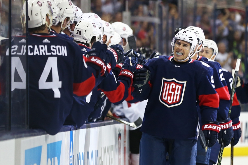 Sep 9 2016 Columbus OH USA Team USA forward Zach Parise celebrates with teammates on the bench after scoring a goal in the first period against Team Canada during a World Cup of Hockey pre-tournament game at Nationwide Arena. Mandatory Credit Aa