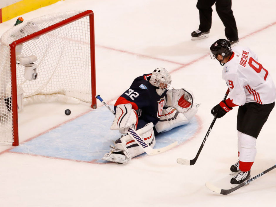 Matt Duchene of Team Canada squeezes a puck thorugh the pads of Team USA goaltender Jonathan Quick during World Cup of Hockey action Tuesday in Toronto. Duchene had a pair of goals as Team Canada won 4-2 to improve their record to 2-0 and knock the Americ