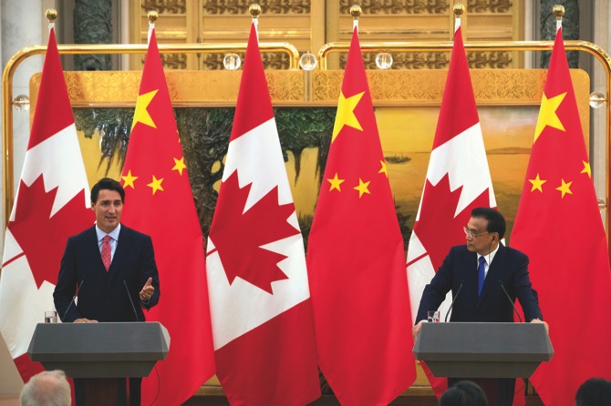 Canada’s Prime Minister Justin Trudeau, speaks during a joint press conference with China’s Premier Li Keqiang