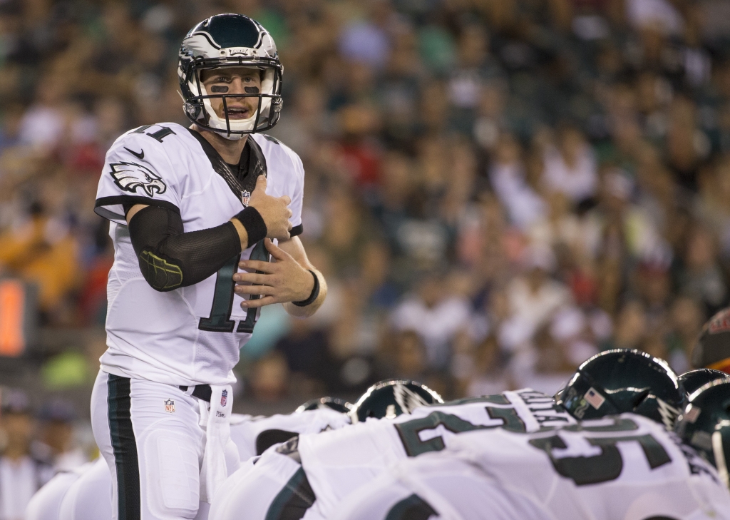 PHILADELPHIA PA- AUGUST 11 Carson Wentz #11 of the Philadelphia Eagles calls an audible at the line of scrimmage in the third quarter against the Tampa Bay Buccaneers at Lincoln Financial Field