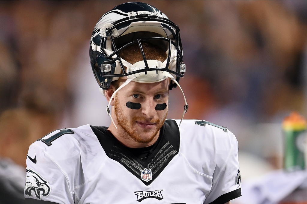 CHICAGO IL- SEPTEMBER 19 Carson Wentz #11 of the Philadelphia Eagles watches action during a game against the Chicago Bears at Soldier Field