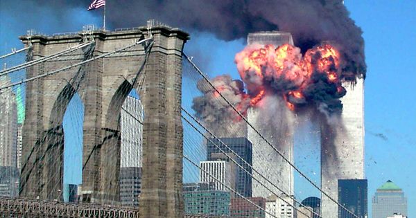 The second tower of the World Trade Center bursts into flames after being hit by a hijacked airplane in New York