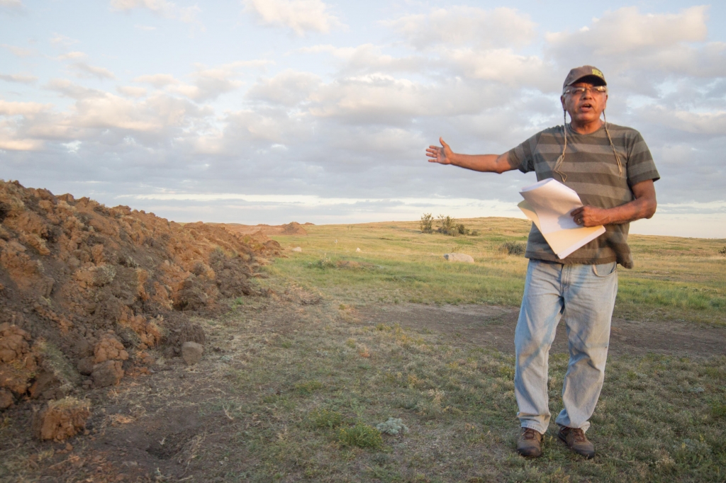 Tim Mentz speaking to reporters on Saturday hours after Dakota Access Pipeline construction crews had bulldozed land in preparation for the pipeline to go through it. According to Mentz this land was sacred to the Standing Rock Sioux tribe. Mentz is a