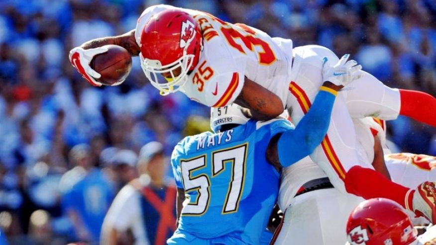 Nov 22 2015 San Diego CA USA Kansas City Chiefs running back Charcandrick West is stopped short of the goal line by San Diego Chargers LB Joe Mays during the first half of the game at Qualcomm Stadium. Mandatory Credit Orlando Ramirez-USA