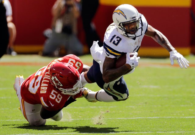 San Diego Chargers wide receiver Keenan Allen is tackled by Kansas City Chiefs linebacker Justin March during the first half of an NFL football game in Kansas City Mo. Sunday Sept. 11 2016