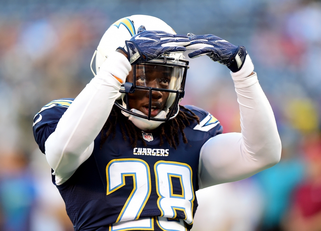 SAN DIEGO CA- SEPTEMBER 01 Melvin Gordon #28 of the San Diego Chargers makes a signal before a preseason game against the San Francisco 49ers at Qualcomm Stadium