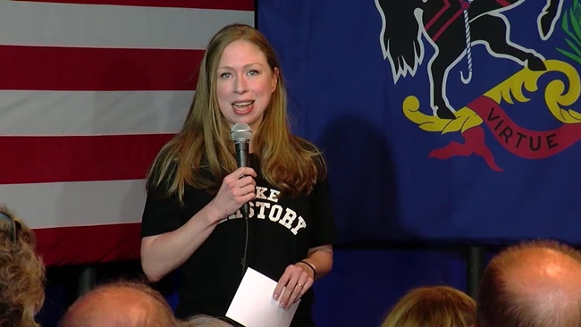 Chelsea Clinton speaks at a Phone Bank event held by the Centre County Democrats in State College, Pa. on