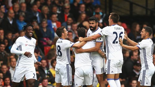 Chelsea celebrate after Diego Costa's winner