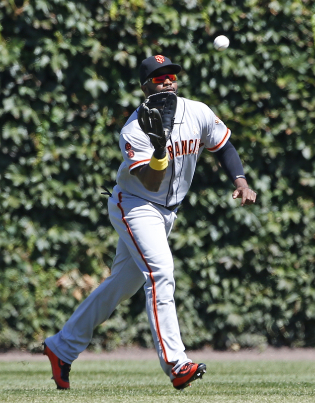 San Francisco Giants center fielder Denard Span catches a fly ball from Chicago Cubs Anthony Rizzo during the first inning of a baseball game Friday Sept