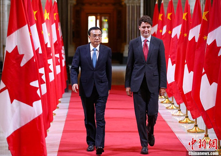 Chinese Premier Li Keqiang and Canada's Prime Minister Justin Trudeau attend a meeting on Parliament Hill in Ottawa Ontario Canada