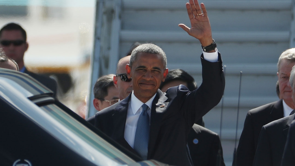 U.S. President Barack Obama waves has he arrives at the Hangzhou Xiaoshan International Airport Saturday Sept. 3 2016 in Hangzhou China to attend the G-20 summit. Obama is expected to meet with China's President Xi Jinping Saturday afternoon