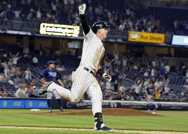 New York Yankees Tyler Austin celebrates his walk-off home run off Tampa Bay Rays relief pitcher Erasmo Ramirez during the ninth inning of a baseball game