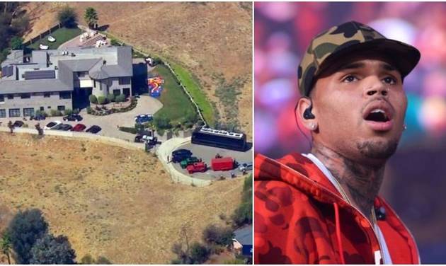 LEFT This image from aerial video provided by KABC-TV shows the home of entertainer Chris Brown with a police vehicle outside in the Tarzana area of Los Angeles Tuesday Aug. 30 2016. RIGHT Chris Brown