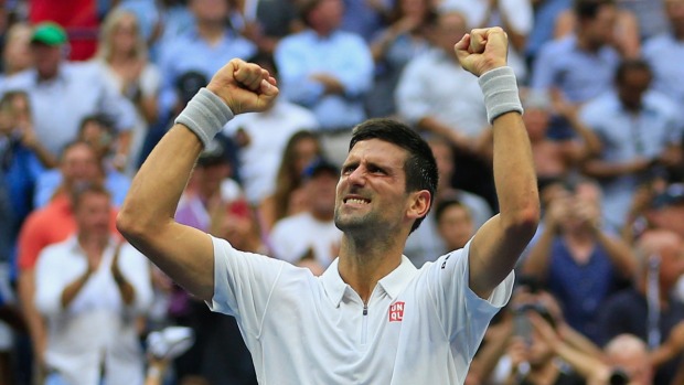 Novak Djokovic of Serbia celebrates after defeating Gael Monfils of France during their Men's Singles semifinal match