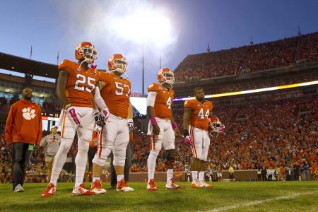 Clemson Tigers cornerback Cordrea Tankersley, center Jay Guillermo, quarterback Deshaun Watson, and linebacker B.J. Goodson. Mandatory Credit Joshua S. Kelly-USA TODAY Sports