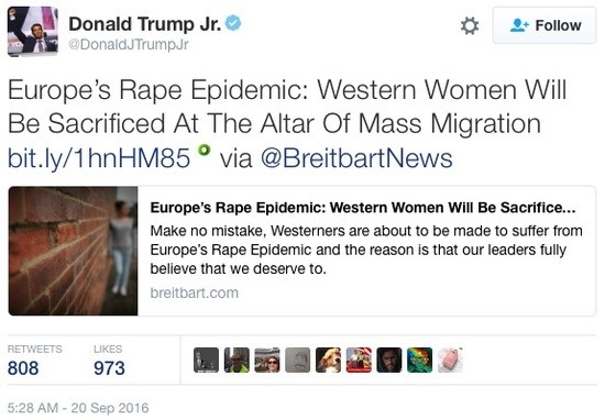 Tweet by Donald Trump Jr. linking to post