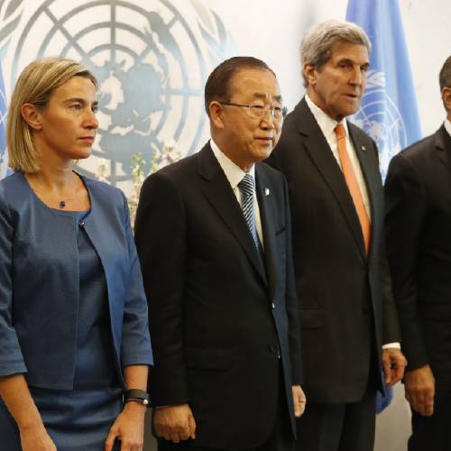 High Representative Federica Mogherini left United Nations General Secretary General Ban Ki-moon second from left U.S. Secretary of State John Kerry second from right and Russian Foreign Minister Sergey Lavrov pose for