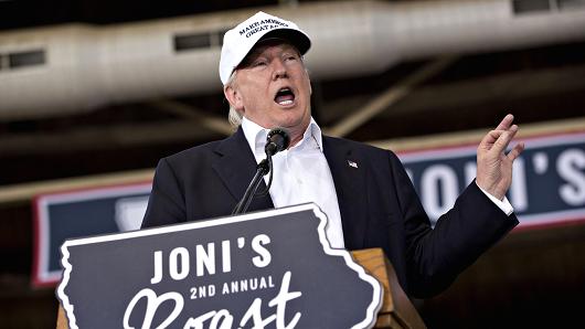 Donald Trump 2016 Republican presidential nominee speaks during the 2nd annual Roast and Ride hosted by Senator Joni Ernst a Republican from Iowa not