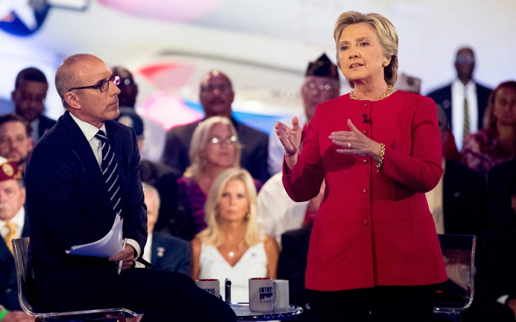 Democratic presidential candidate Hillary Clinton with 'Today&#039 show co-anchor Matt Lauer left speaks at the NBC Commander-In-Chief Forum held at the Intrepid Sea Air and Space museum aboard the decommissioned aircraft carrier Intrepid New Y