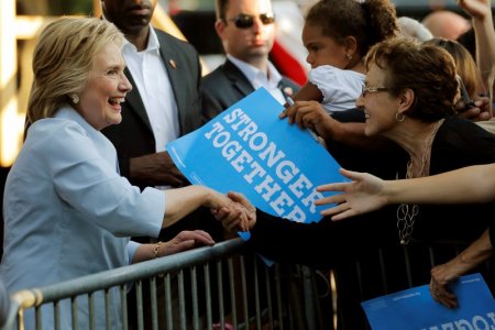 U.S. Democratic presidential nominee Hillary Clinton greets audience members during a campaign stop at the 49th Annual Salute to Labor in Hampton Illinois