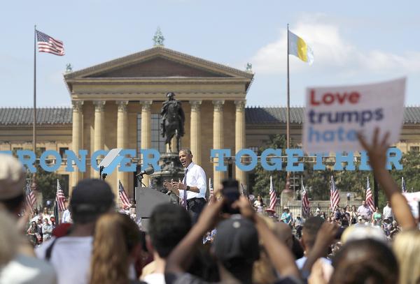 Batting for Hillary President Barack Obama speaking at a campaign event for Hillary Clinton at Eakins Oval Philadelphia on Tuesday