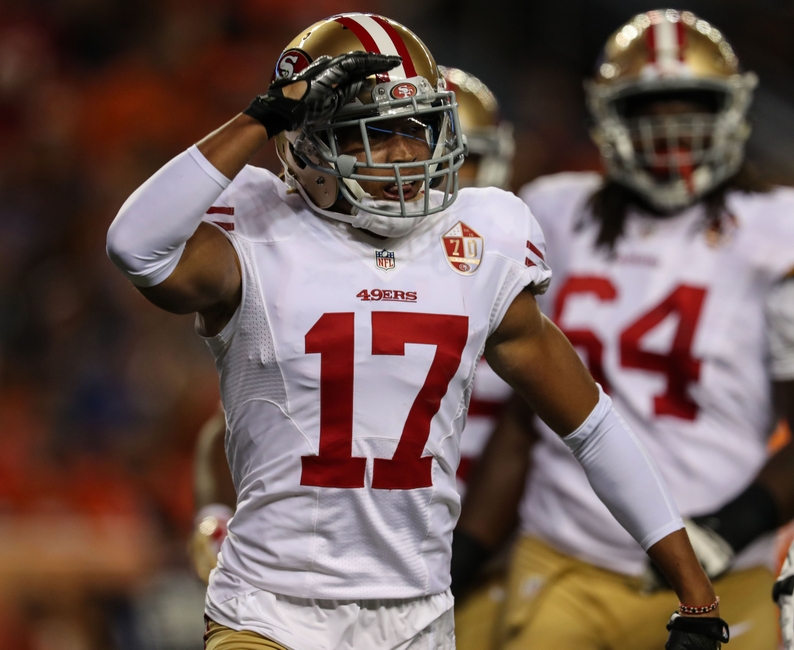 Aug 20 2016 Denver CO USA San Francisco 49ers wide receiver Dres Anderson celebrates a touchdown against the Denver Broncos during the fourth quarter at Sports Authority Field at Mile High. The 49ers beat the Broncos 31-24. Mandatory Credit Tro