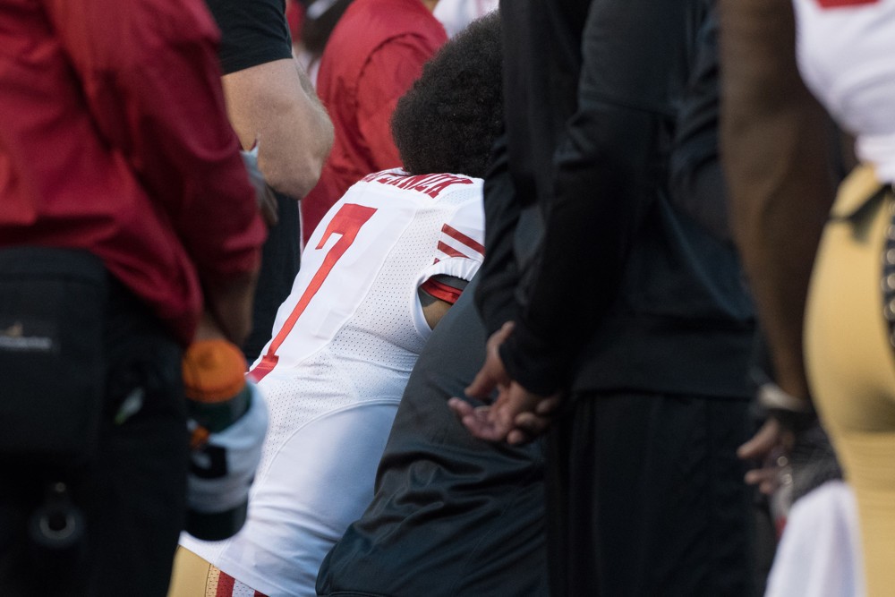 01 September 2016 San Francisco 49ers Quarterback Colin Kaepernick in warmups before the NFL preseason game between the San Francisco 49ers and the San Diego Chargers at Qualcomm Stadium in San Diego CA