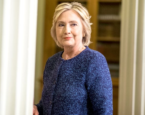 Democratic Nominee for President of the United States former Secretary of State Hillary Clinton speaks to journalists after meeting national security experts for a National Security Working Session at the New York Historical Society Library in Manhattan