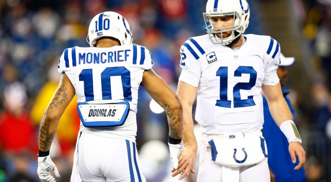 FOXBORO MA- JANUARY 18  Andrew Luck #12 of the Indianapolis Colts high-fives Donte Moncrief #10 during warm-ups prior to the 2015 AFC Championship Game against the New England Patriots at Gillette Stadium