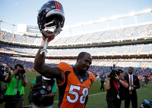 Denver Broncos outside linebacker Von Miller celebrates after a win over the Indianapolis Colts in an NFL football game Sunday Sept. 18 2016 in Denver